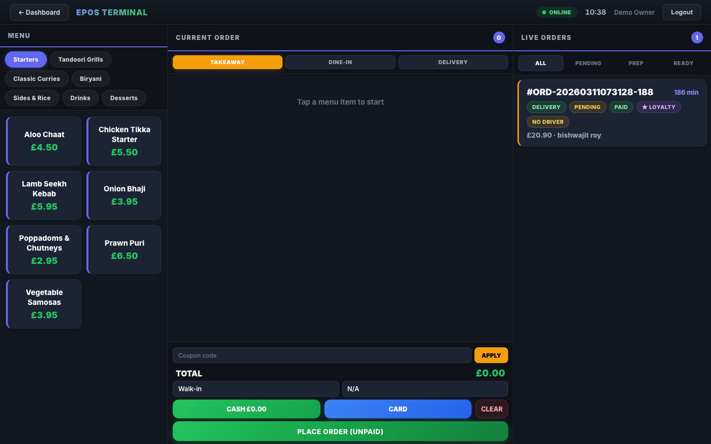 Cloud EPOS terminal with menu categories, order basket and live orders