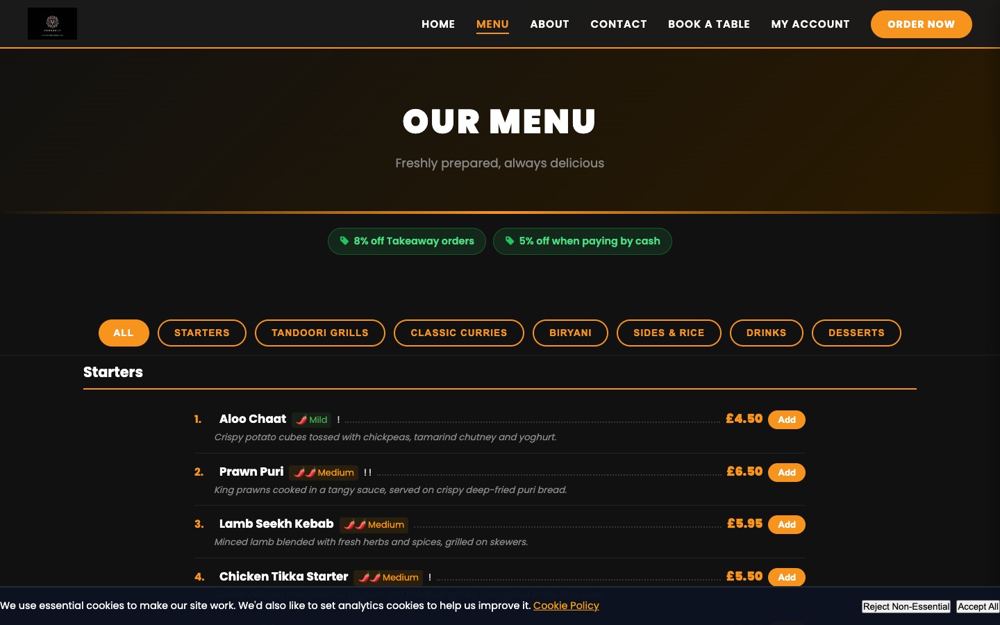 Online menu with categories, item descriptions and prices