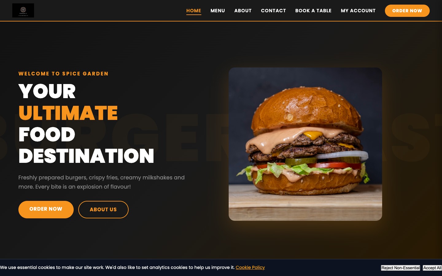 Branded online ordering website with hero, menu and checkout